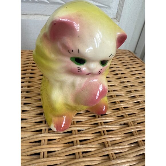 Vintage 50's Yellow Ceramic Cat Kitten Planter Pot Vase Kitsch Retro - Picture 6 of 14